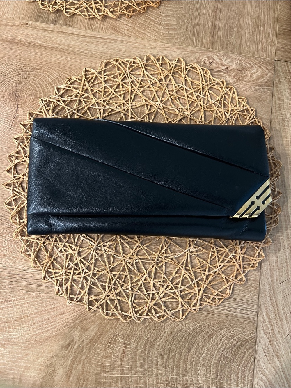 Vintage Black Leather Fold-Over Clutch with Gold Accent, made in Argentina